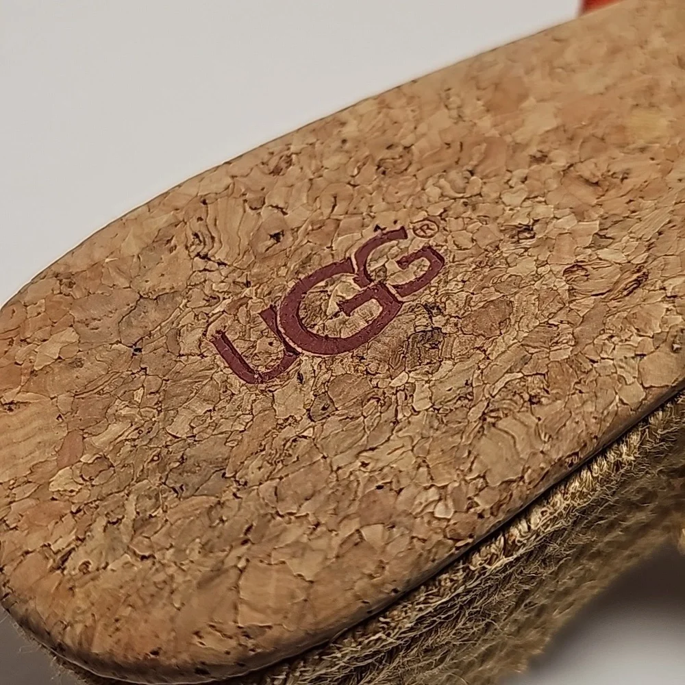 UGG Kendra Wedge Sandals Slides Espadrilles Suede Leather Fringe Cork Orange 7